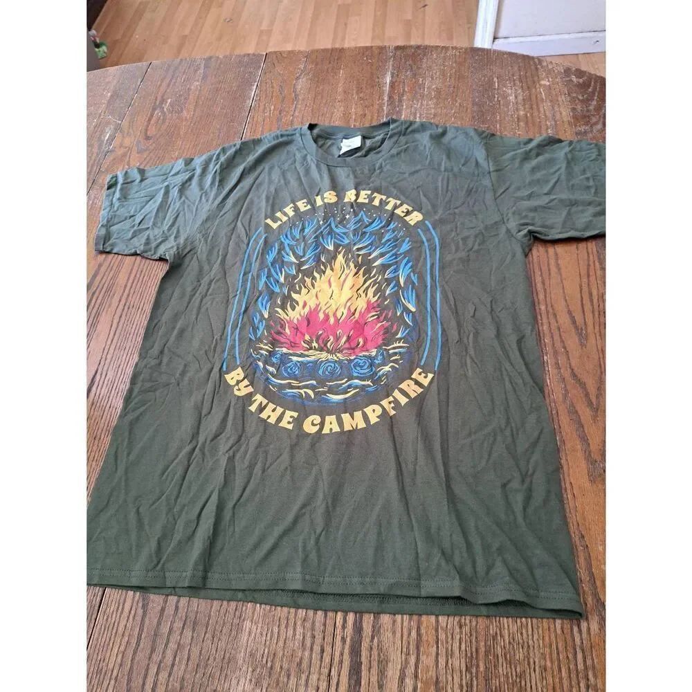 New Life Is BetterโBy the Campfire T-Shirt Unisex L Green Port & Co Cotton Tee